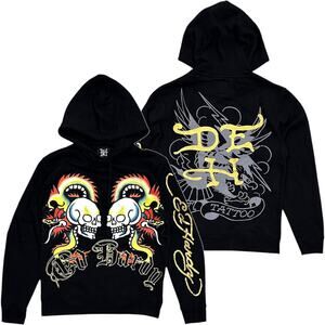 Ed Hardy Men's Hoodie Dragon Skull Gold Metallic Foil Fleece Pullover Sweatshirt